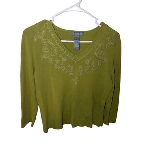 Koret Womens Olive Green V-Neck Embroidered Beaded Knit Sweater Size Medium